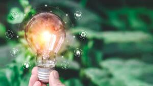 Hand holding energy efficient lightbulb against a green background